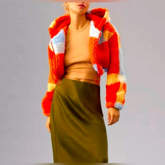 Anthropologie Daily Practice Faux Shearling Crop Hoodie Fleece Zip Up Jacket SM - Picture 1 of 11